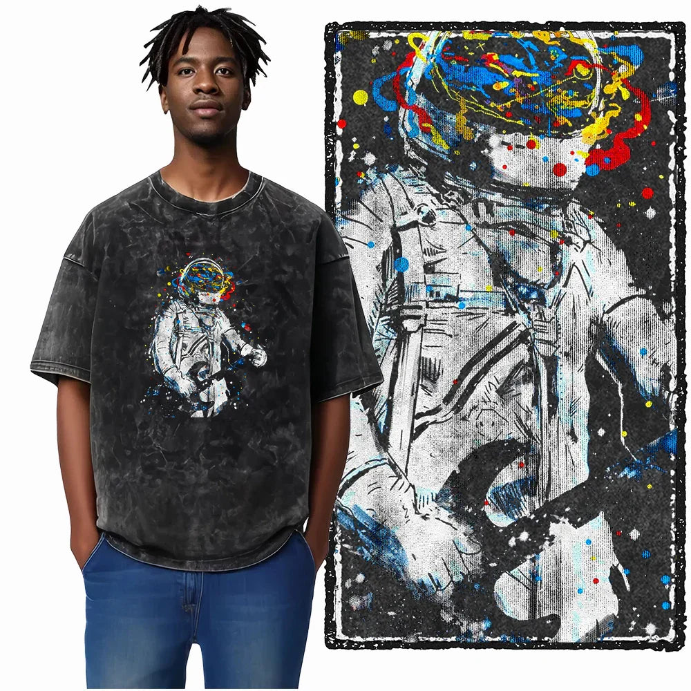 Printed Cotton Acid Washed Astronaut T-Shirt for Men