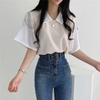 Color Block Polo Collar Top for Women - Casual Chiffon Tee