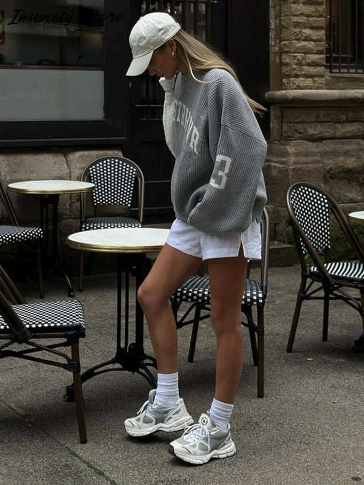 Oversized Letter Jacquard Knit Pullover for Women