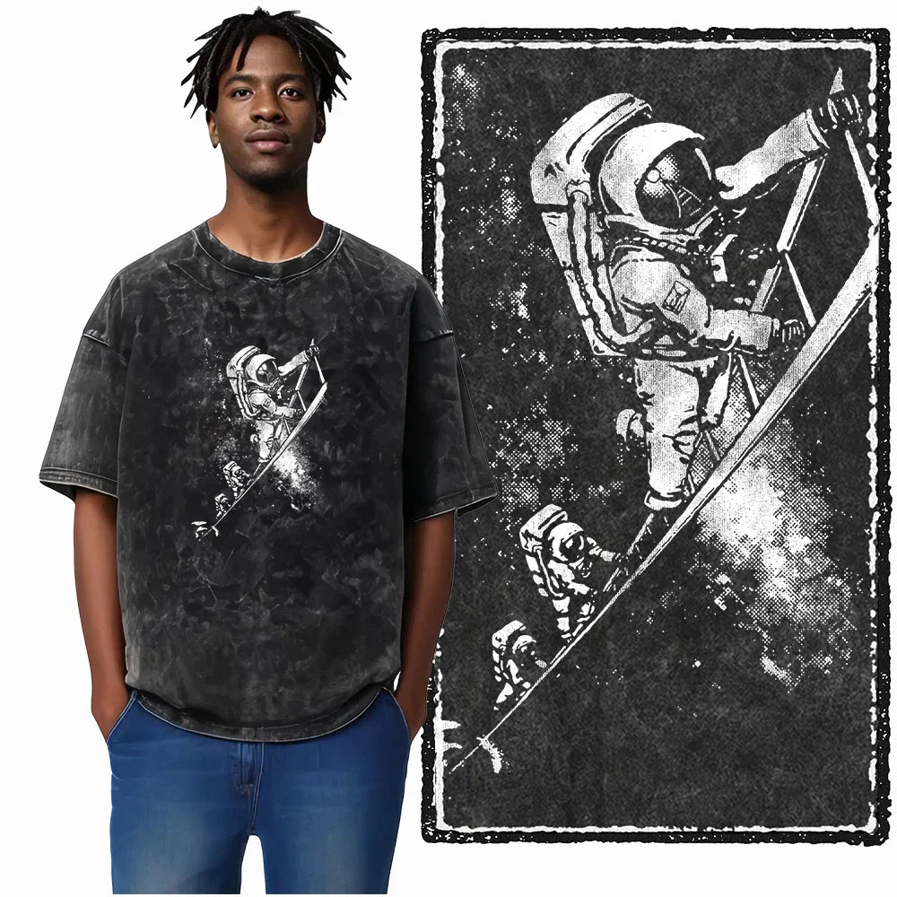 Printed Cotton Acid Washed Astronaut T-Shirt for Men