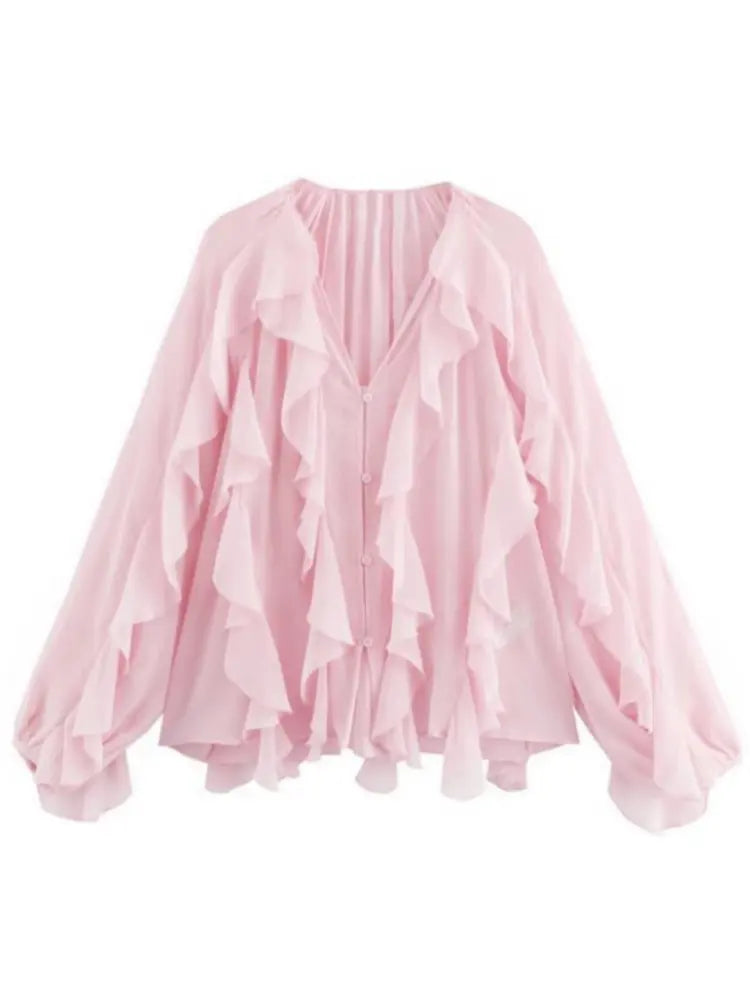 Elegant Women's V-neck Chiffon Blouse with Ruffles