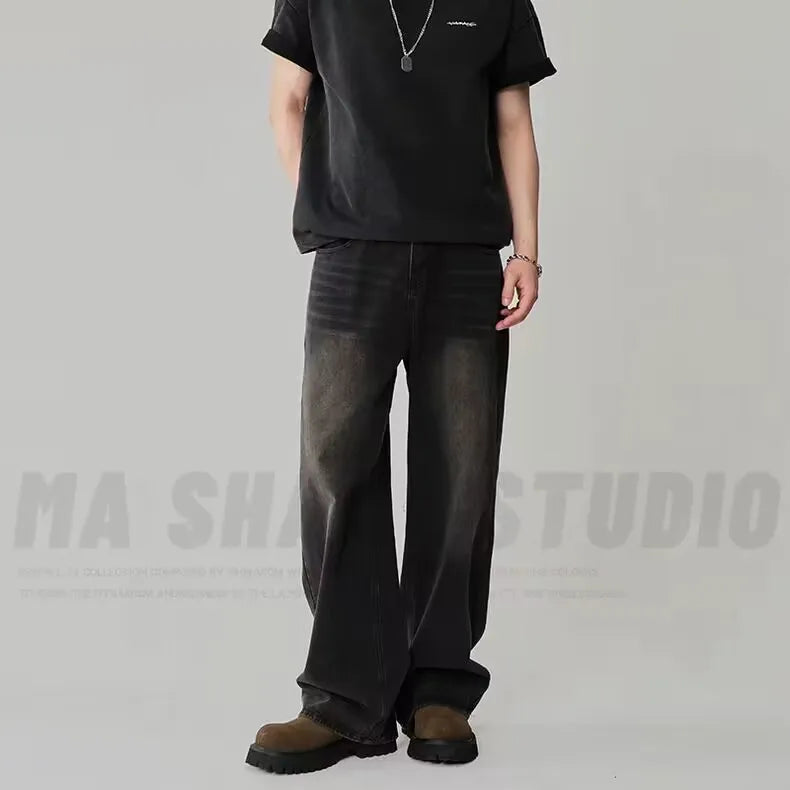 Men's Loose Denim Casual Jeans in Distressed Blue