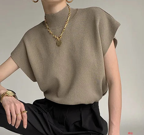 Mock Neck Solid Knit Vest for Office Ladies