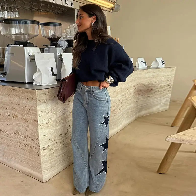Blue High Waist Wide Leg Jeans for Women