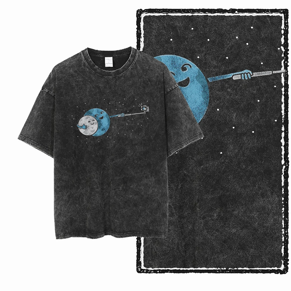 Printed Cotton Acid Washed Astronaut T-Shirt for Men
