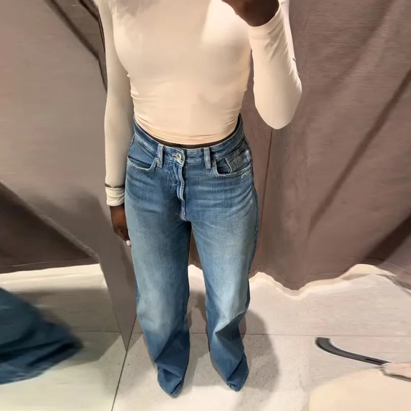 Blue High Waist Wide Leg Jeans for Women