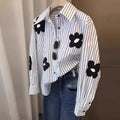 White Striped Long Sleeve Blouse for Office Women