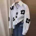 White Striped Long Sleeve Blouse for Office Women