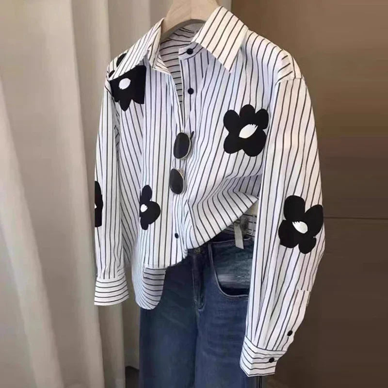 White Striped Long Sleeve Blouse for Office Women