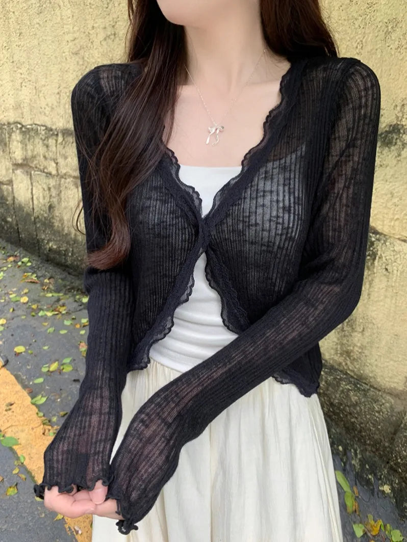 Ribbed Knit Lace Trim Crop Top for Women