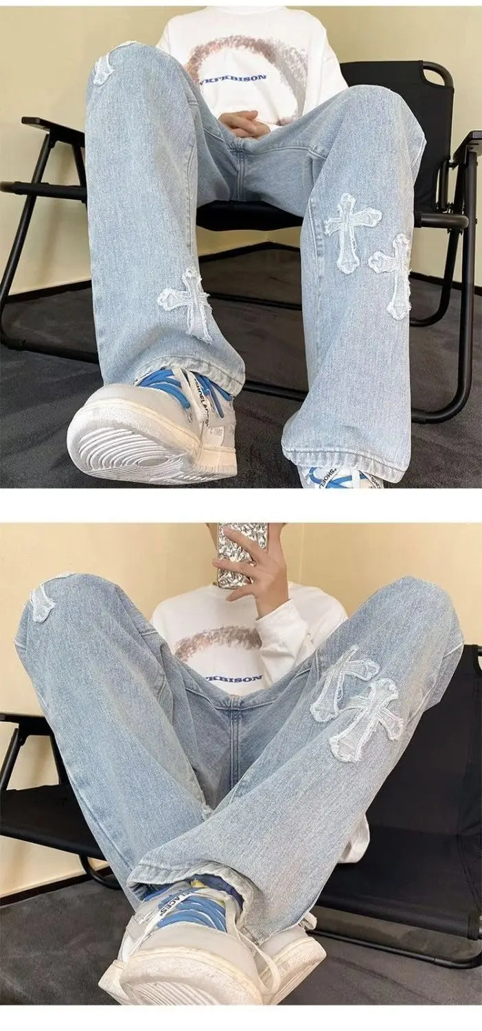 Y2K Embroidered Straight Denim Jeans for Men