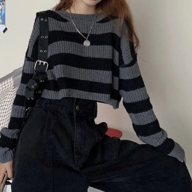 Korean Striped Cropped Knit Sweater for Women - Vintage Style