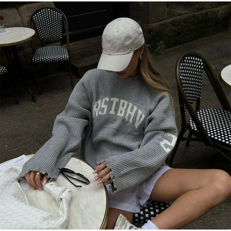 Oversized Letter Jacquard Knit Pullover for Women