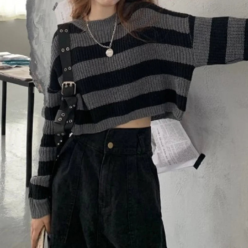 Korean Striped Cropped Knit Sweater for Women - Vintage Style