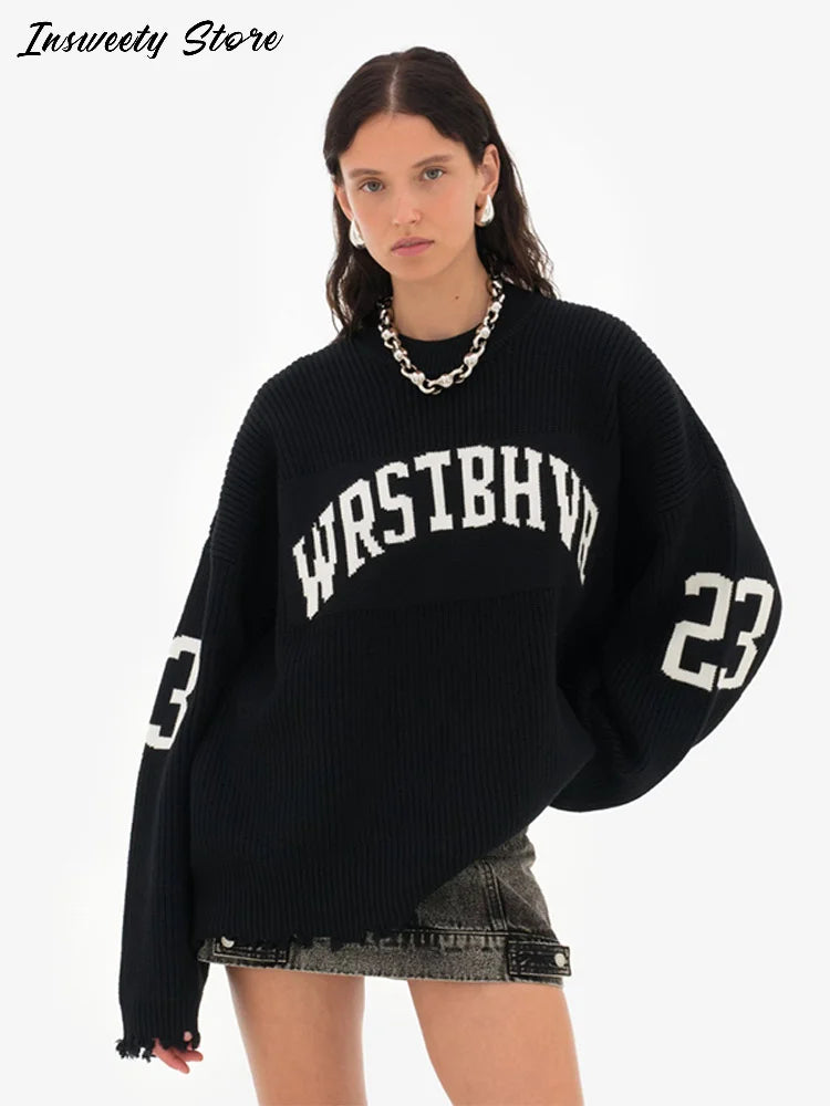 Oversized Letter Jacquard Knit Pullover for Women