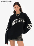 Oversized Letter Jacquard Knit Pullover for Women