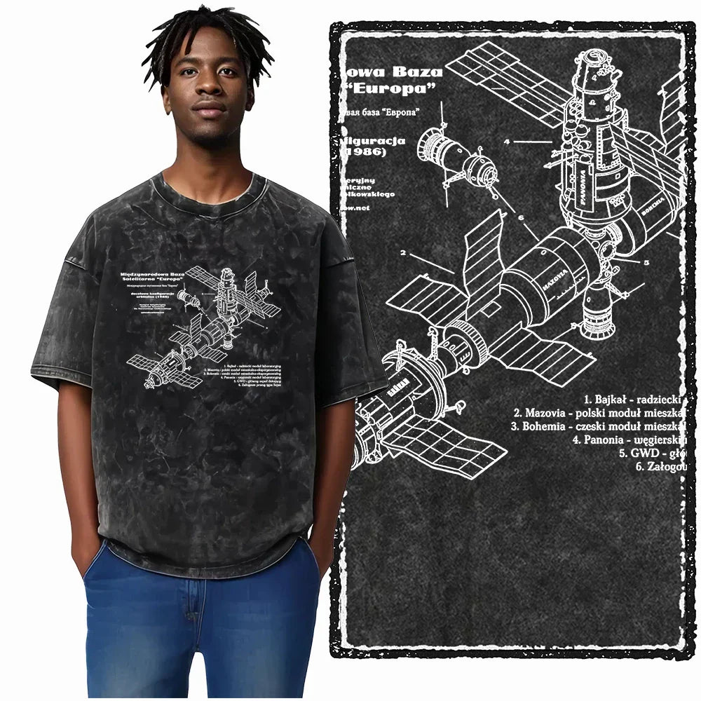 Printed Cotton Acid Washed Astronaut T-Shirt for Men