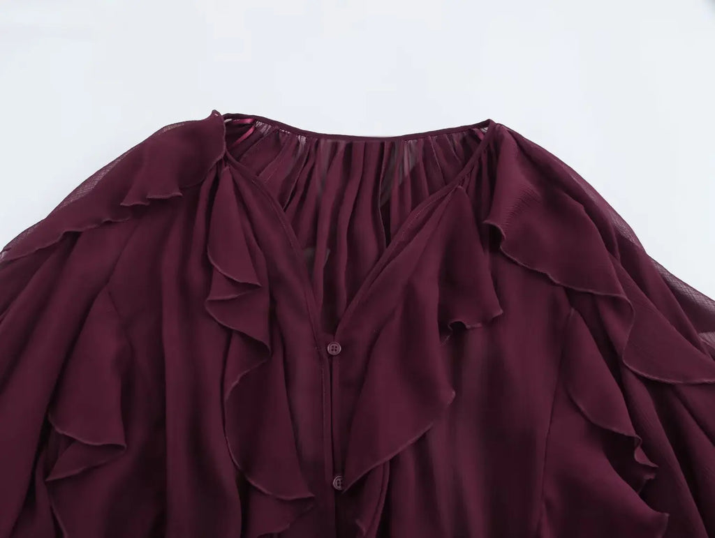 Elegant Women's V-neck Chiffon Blouse with Ruffles