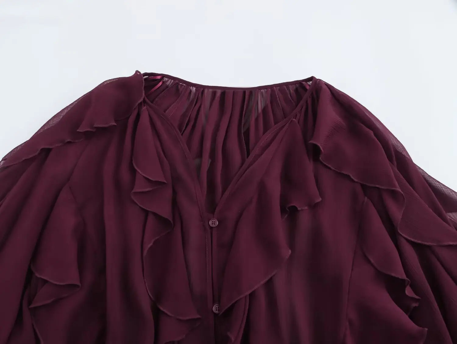 Elegant Women's V-neck Chiffon Blouse with Ruffles