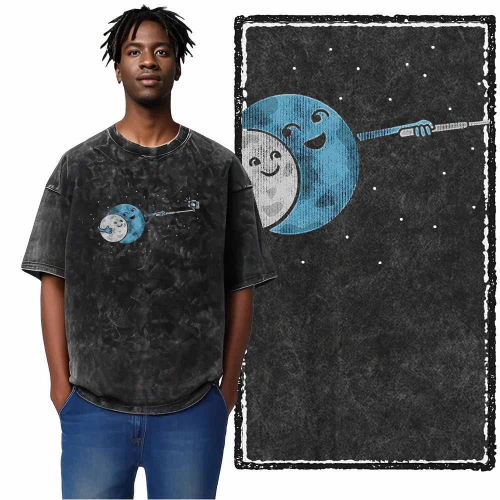Printed Cotton Acid Washed Astronaut T-Shirt for Men