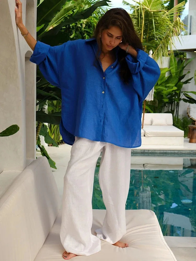 We.Fine Women's Cotton Long Sleeve Ruffled Blouse