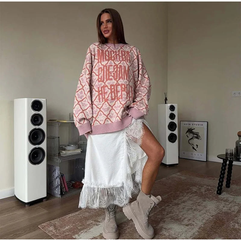 Oversized Letter Jacquard Knit Pullover for Women