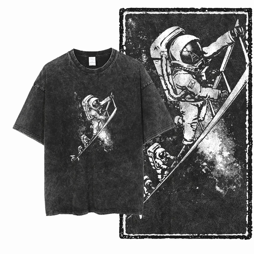 Printed Cotton Acid Washed Astronaut T-Shirt for Men