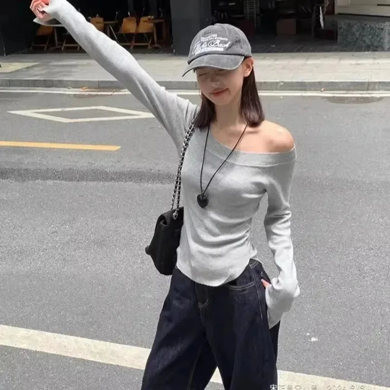 Cropped Off Shoulder Knitted Pullover for Women