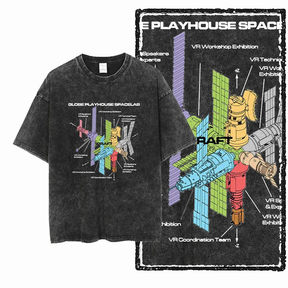 Printed Cotton Acid Washed Astronaut T-Shirt for Men