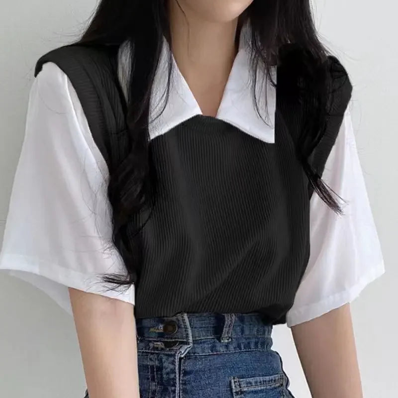 Color Block Polo Collar Top for Women - Casual Chiffon Tee