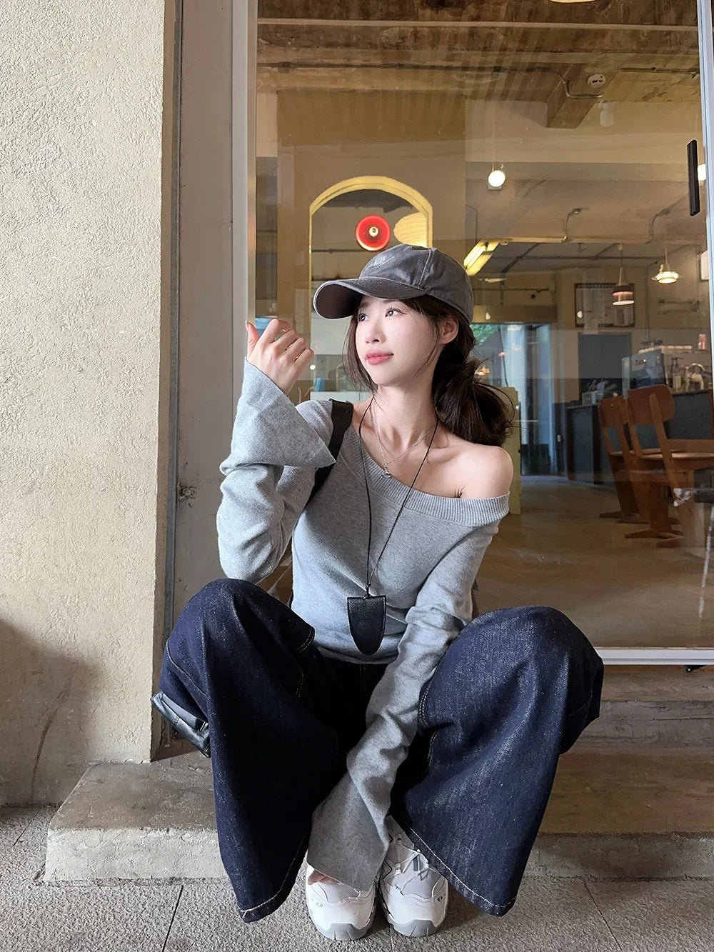 Cropped Off Shoulder Knitted Pullover for Women