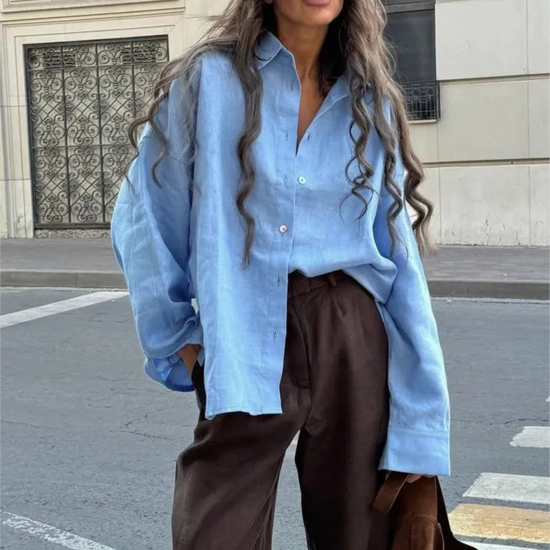 We.Fine Women's Cotton Long Sleeve Ruffled Blouse