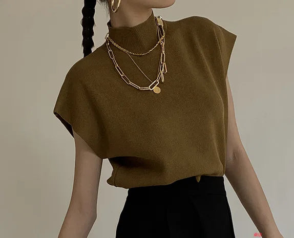 Mock Neck Solid Knit Vest for Office Ladies
