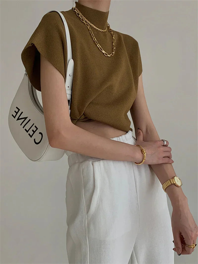 Solid Knitted Vest Shirt for Women - Elegant Casual Top
