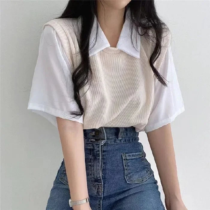 Color Block Polo Collar Top for Women - Casual Chiffon Tee