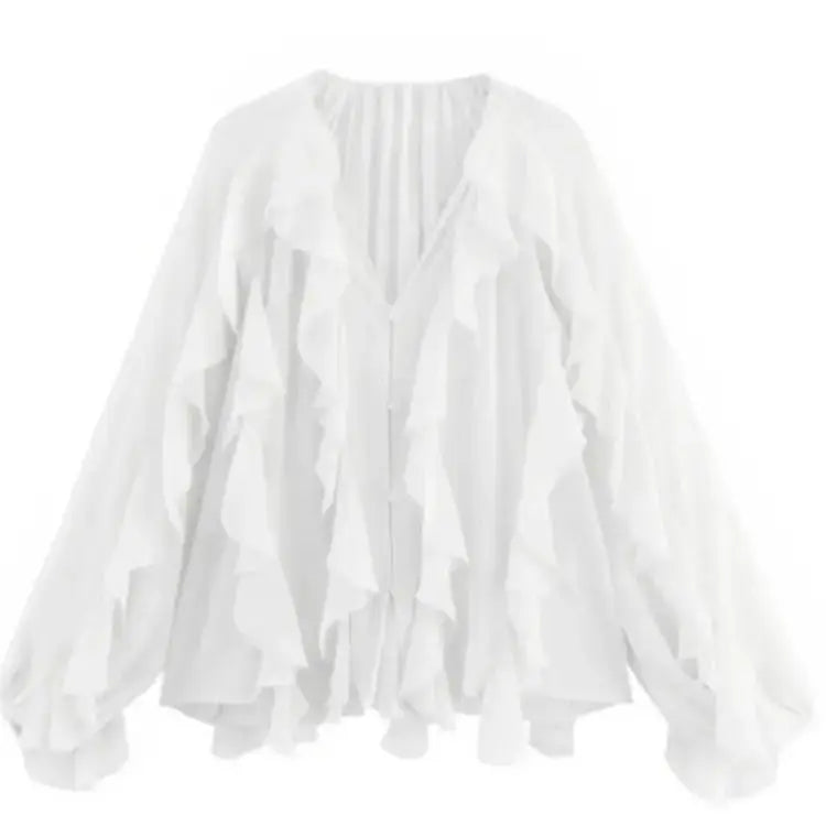 Elegant Women's V-neck Chiffon Blouse with Ruffles