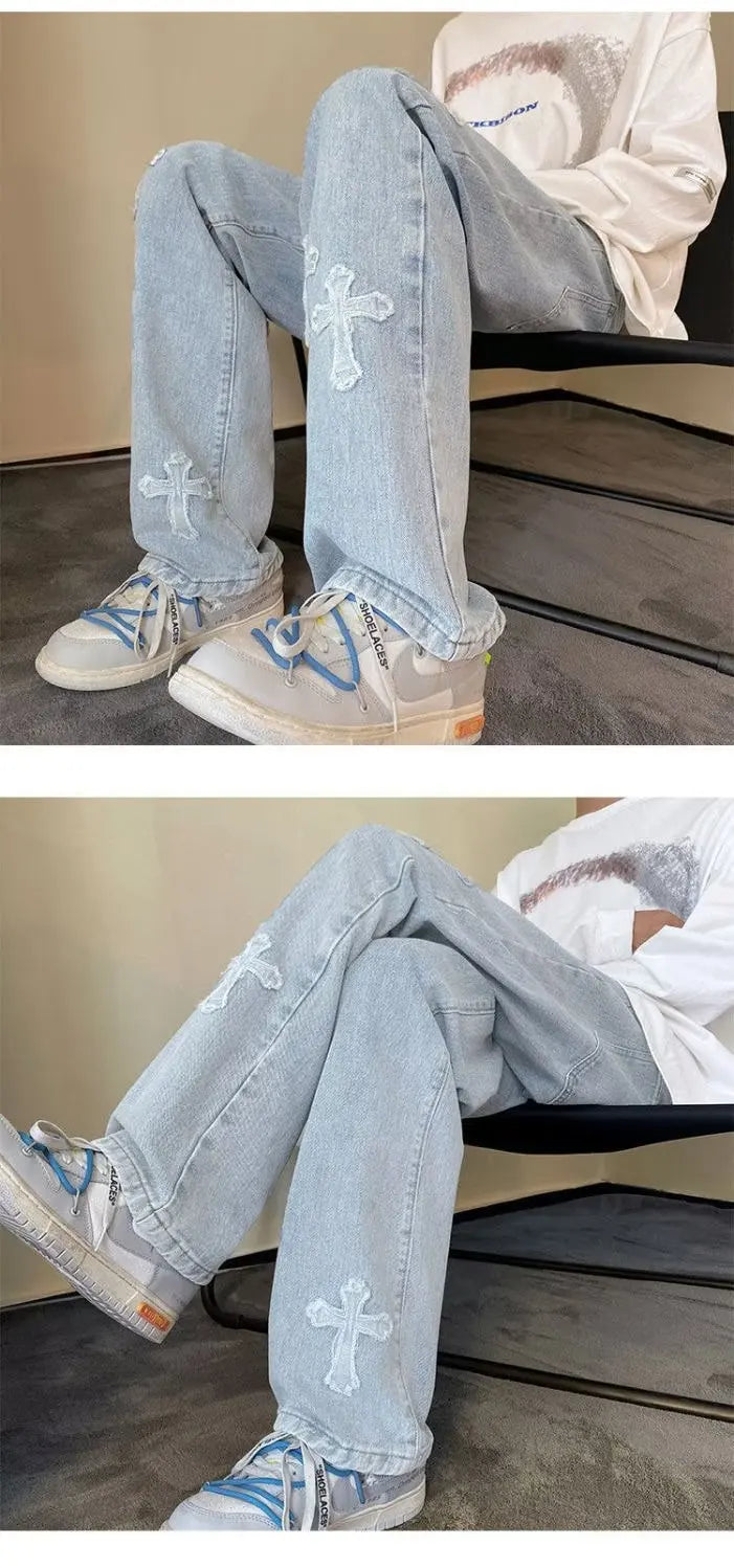 Y2K Embroidered Straight Denim Jeans for Men