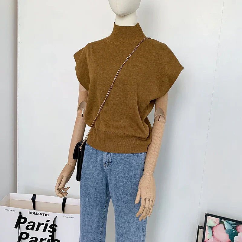 Mock Neck Solid Knit Vest for Office Ladies