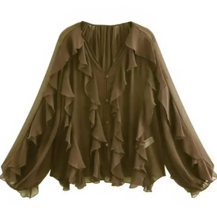 Elegant Women's V-neck Chiffon Blouse with Ruffles