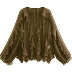 Elegant Women's V-neck Chiffon Blouse with Ruffles