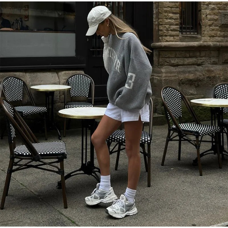 Oversized Letter Jacquard Knit Pullover for Women