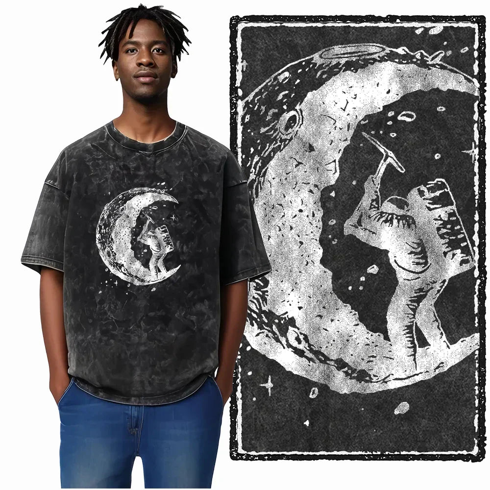Printed Cotton Acid Washed Astronaut T-Shirt for Men