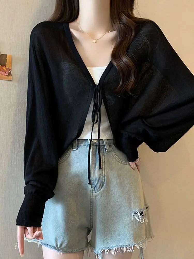 Black Ice Silk Summer Cardigan for Women - Large Size