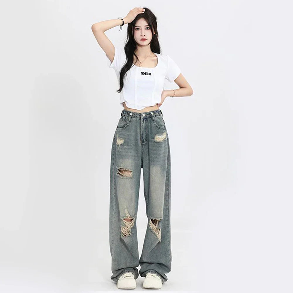 High Waist American Retro Hole-punched Jeans for Women