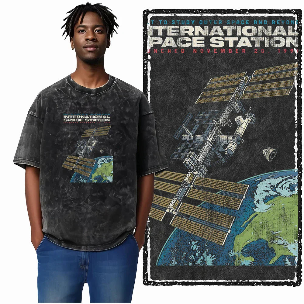 Printed Cotton Acid Washed Astronaut T-Shirt for Men