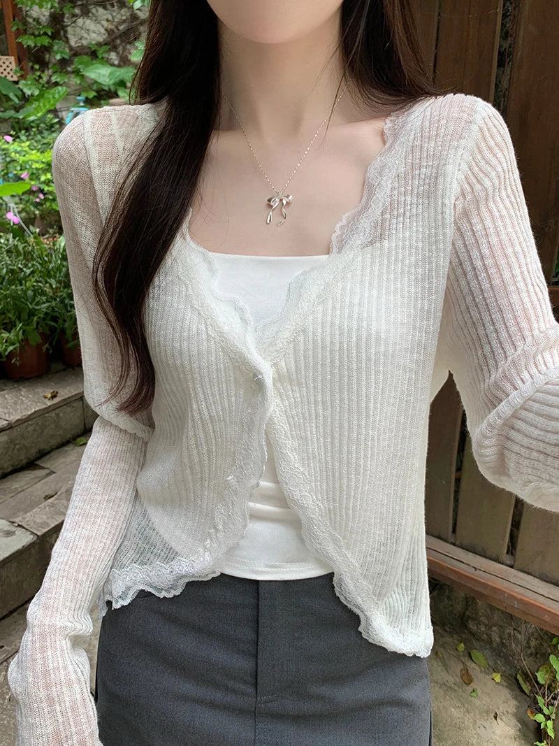 Ribbed Knit Lace Trim Crop Top for Women