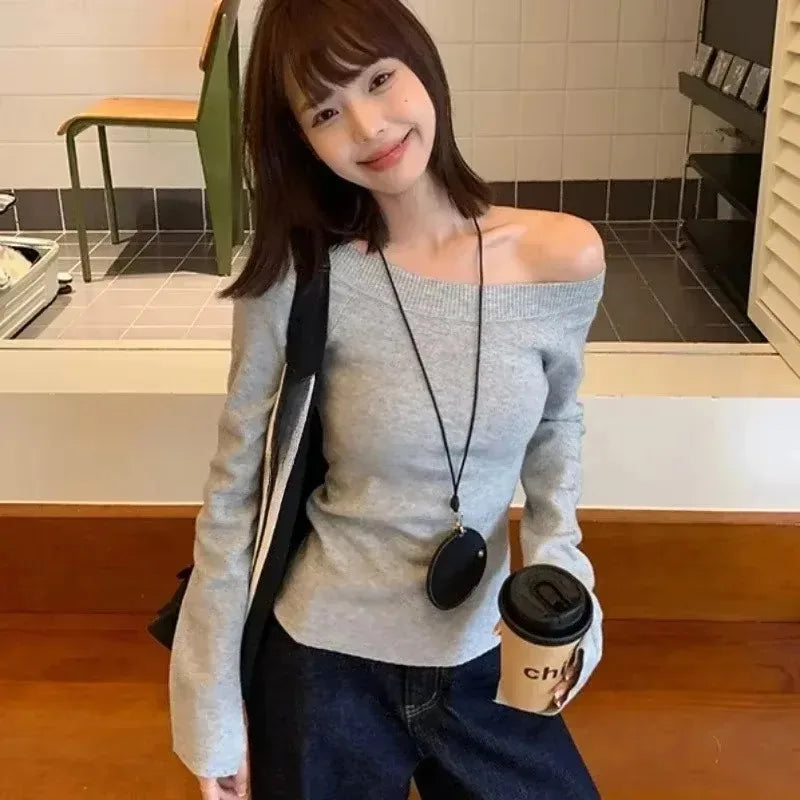 Cropped Off Shoulder Knitted Pullover for Women