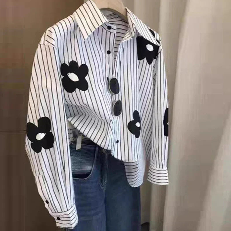 White Striped Long Sleeve Blouse for Office Women