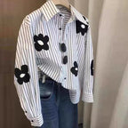 White Striped Long Sleeve Blouse for Office Women