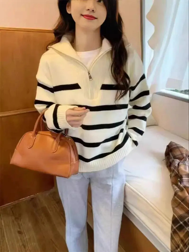 Women’s Zipper Striped Pullover Sweater - MEKG